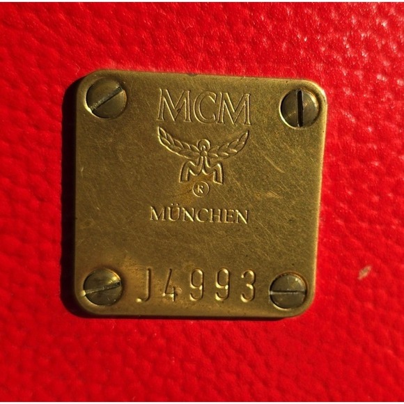 MCM‎ Vtg Red Leather Tote Bag Gold MCM Logo Studs Top Handles Small Statement - Picture 6 of 10